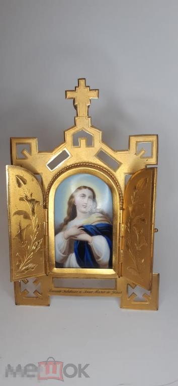 Складень настольный латунь фарфор живопись 1916 год фарфоровый пласт 