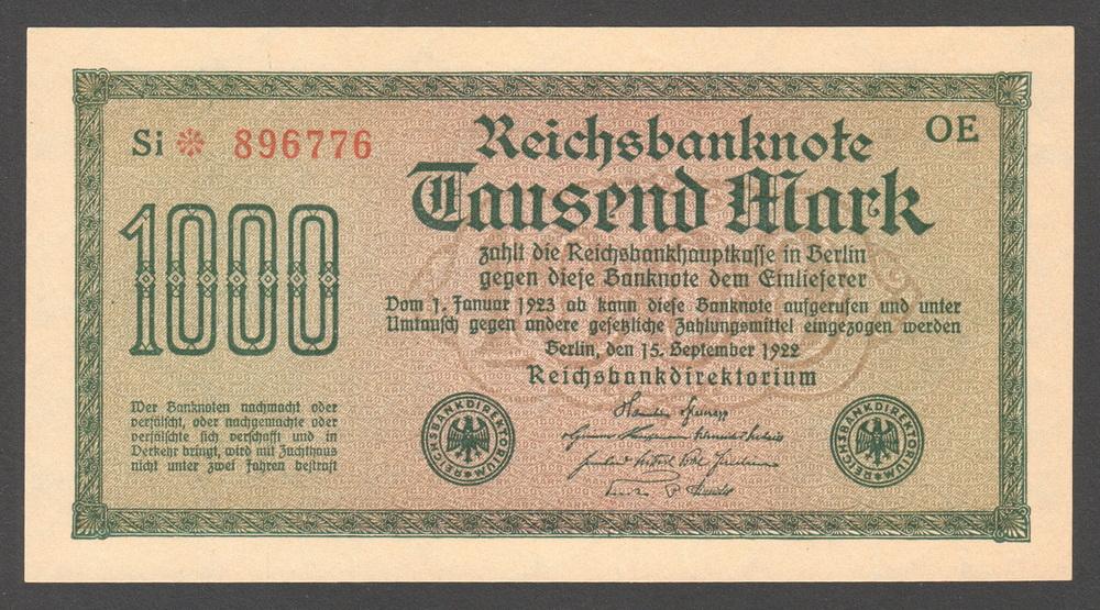 ГЕРМАНИЯ 1000 марок 1922 P76b UNC (1 вариант нумерации)
