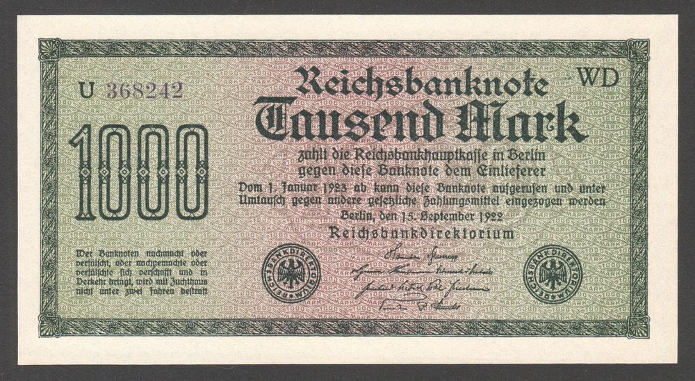 ГЕРМАНИЯ 1000 марок 1922 P76d UNC (1 вариант нумерации)