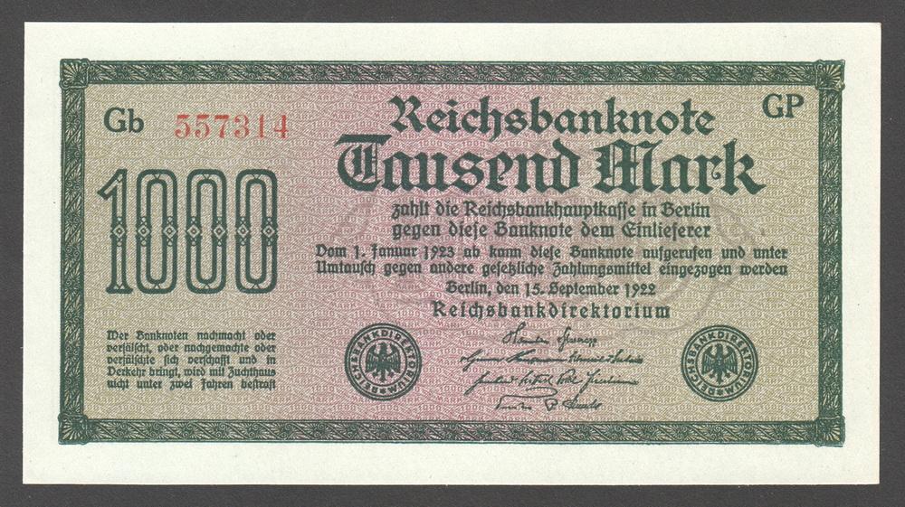 ГЕРМАНИЯ 1000 марок 1922 P76g UNC (2 вариант нумерации)