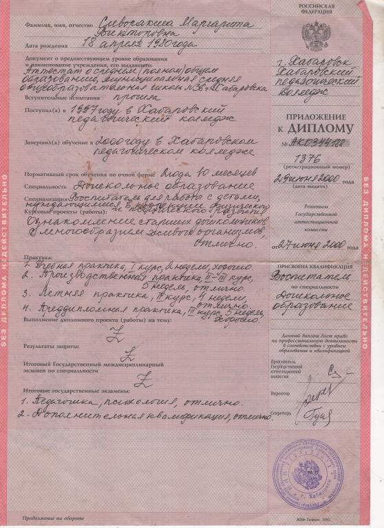 Приложение к Диплому г. Хабаровск Хабаровский педагогический колледж Воспитатель 2000 г.