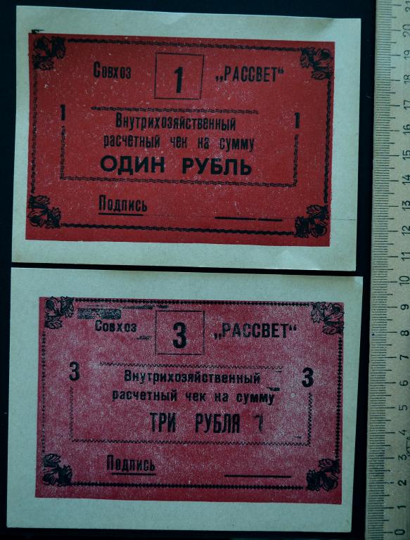 Совхоз Рассвет.Расчетные чеки на 1 и 3 рубля.2 штуки.