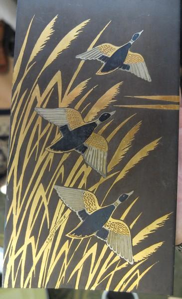 стальная пластина с аппликацией листовым золотом 583 пробы , СССР