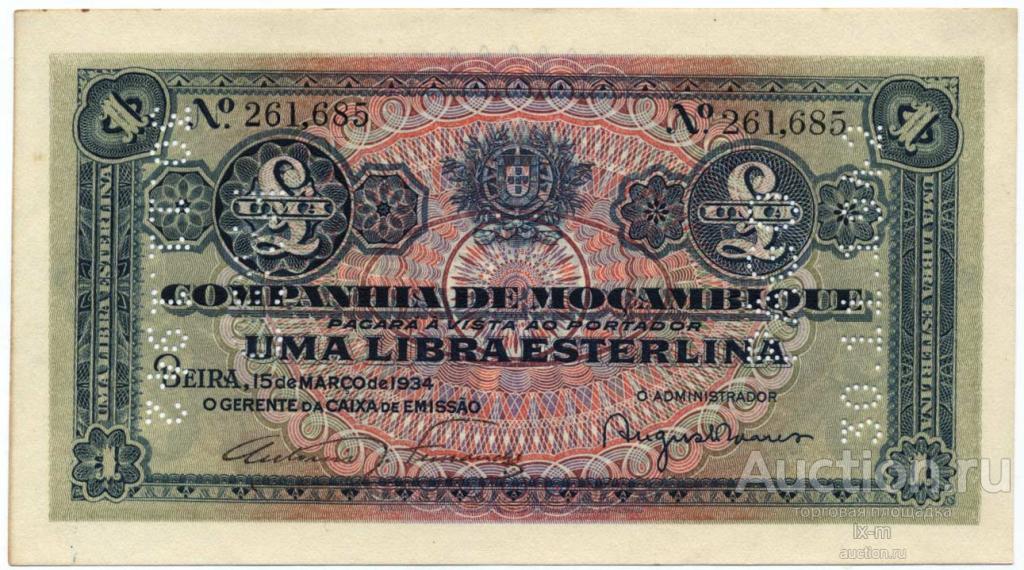 Мозамбик PR31 1934 г. 1 фунт стерлингов UNC-