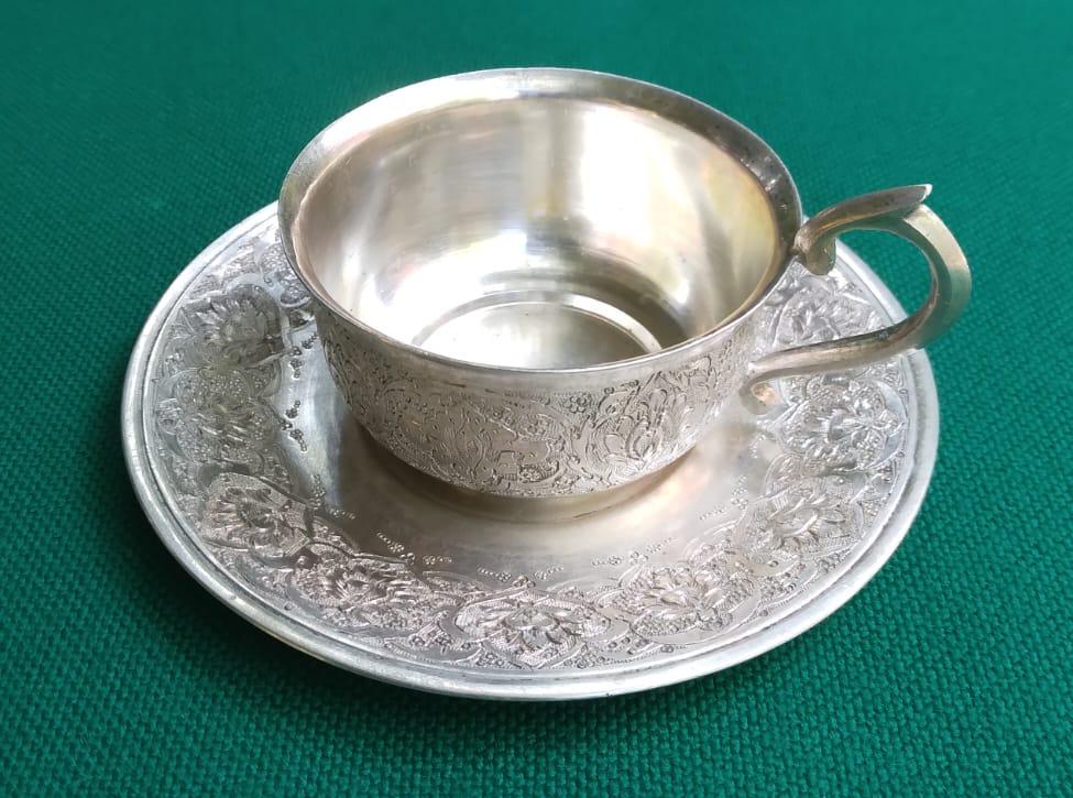 серебряная кофейная пара, серебро 84 проба, царская Россия, ручная резьба штихелем