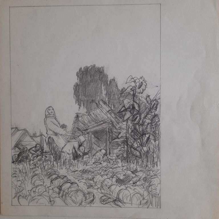 Верейский О.Г.  Крестьянка, прячущая детей в погреб на огороде