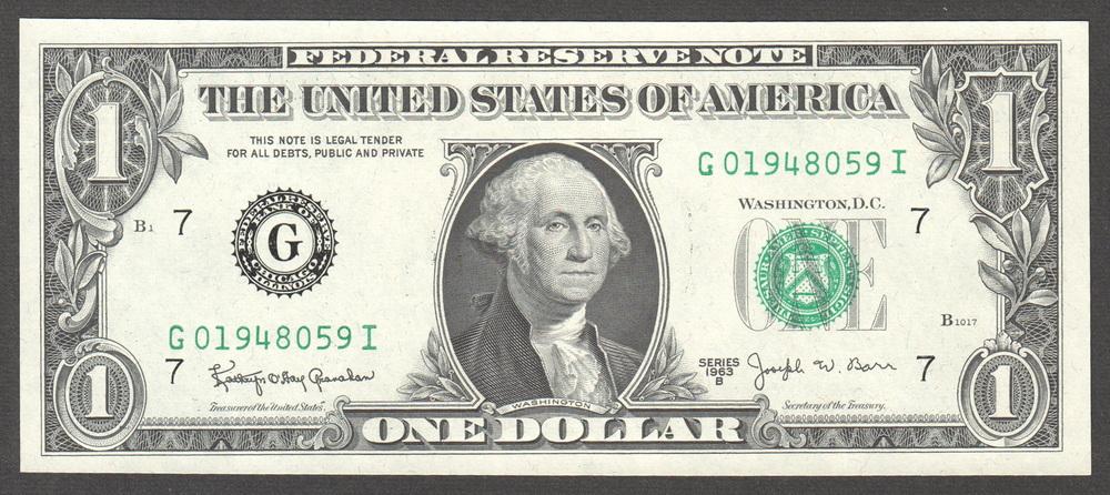 США 1 доллар 1963-B P443c UNC (Федеральный Резервный Банк, Чикаго)