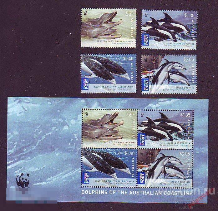 Австралия 2009 3205-3208+BL.85 WWF - Дельфины побережья Австралии. Морская фауна