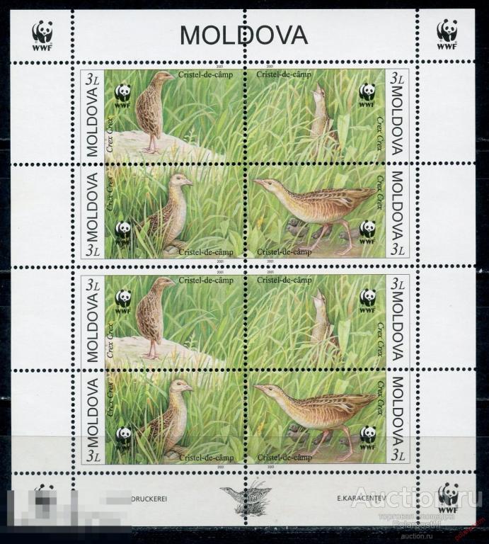 МОЛДОВА 2001 379-382 WWF птицы. - Crex crex 