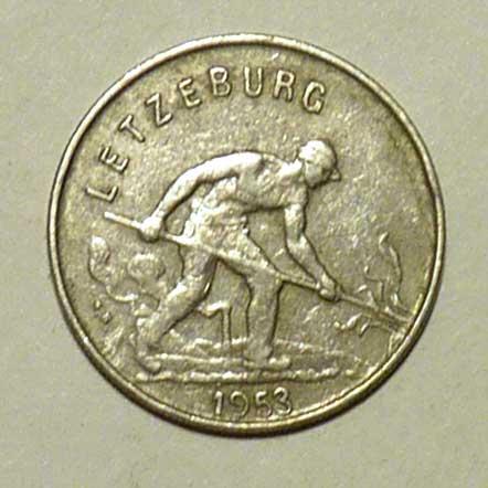 Люксембург 1 франк 1953 года