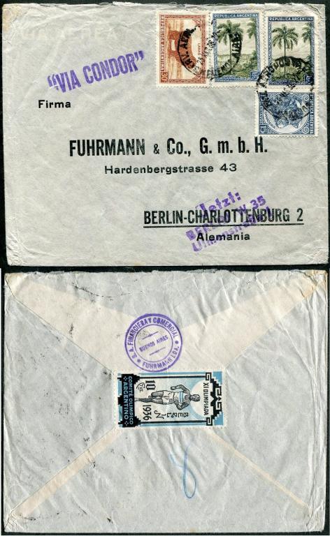 ОЛИМПИКА Аргентина 1936 Олимпийские игры Олимпиада ВИНЬЕТКА авиапочта «VIA CONDOR» ⇒Берлин Германия