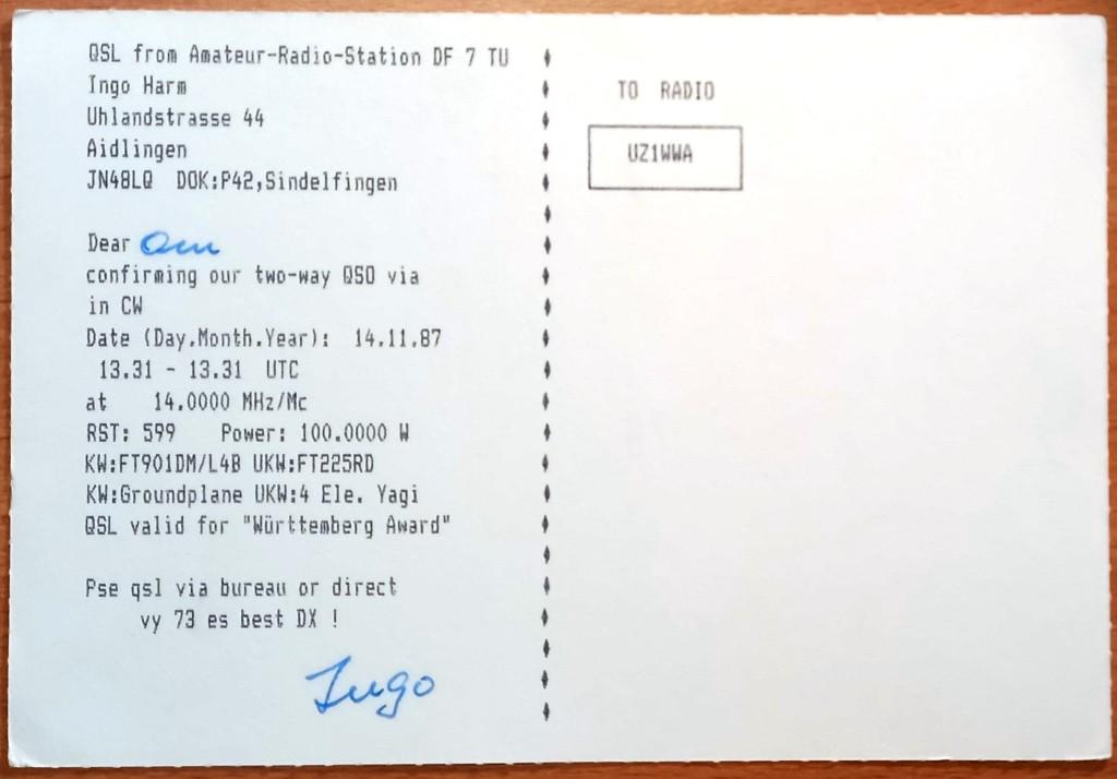К28.092 QSL КАРТОЧКА РАДИООБМЕНА ГЕРМАНИЯ, 1987