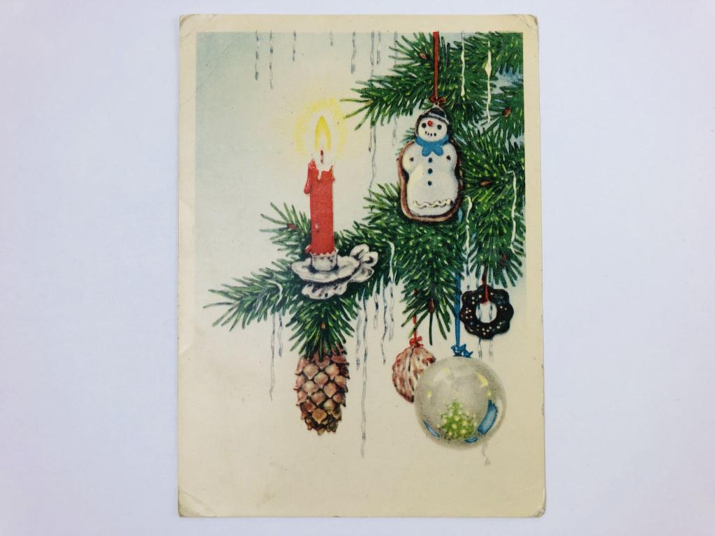 Свеча. Снеговик. Новогодняя открытка. Подписанная. 1953
