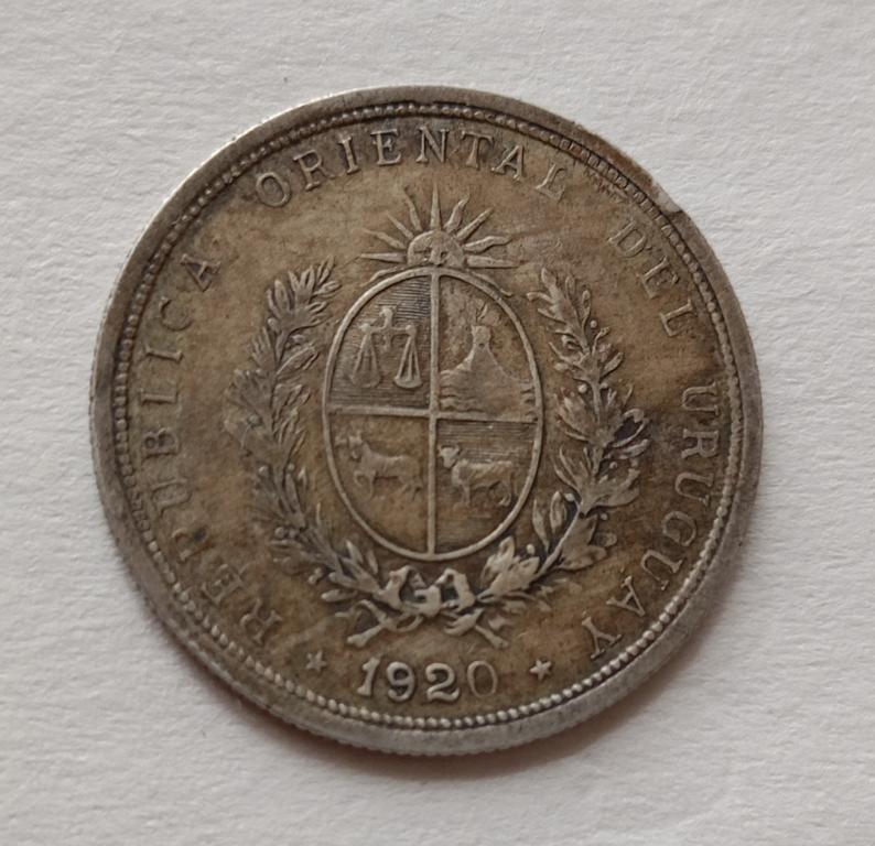 УРУГВАЙ 20 ЦЕНТОВ 1920года. СЕРЕБРО. ПАТИНА. РЕДКАЯ!!! ОРИГИНАЛ