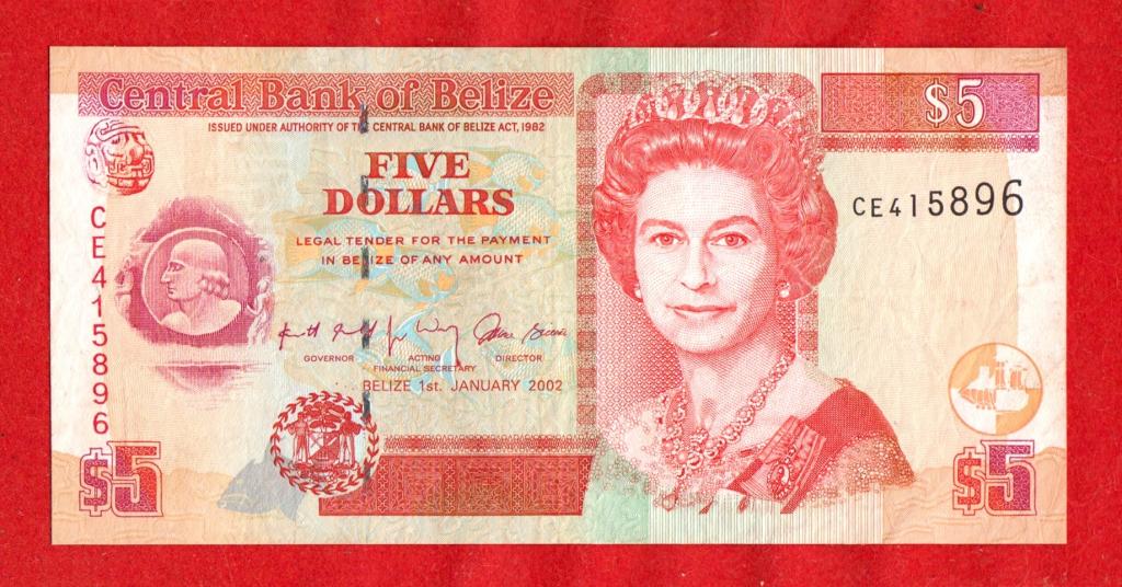 Белиз, 5 долларов, 2002, VF+, Королева Елизавета II, CE 415896