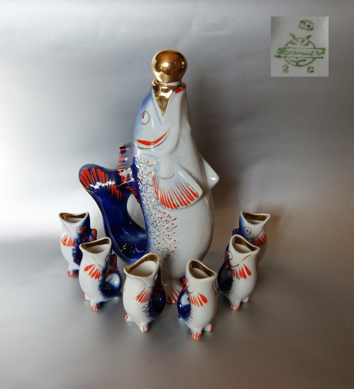 Штоф Графин Рыбки 6 шт. Полонное ПЗХК Фарфор 1950-60 е. СССР