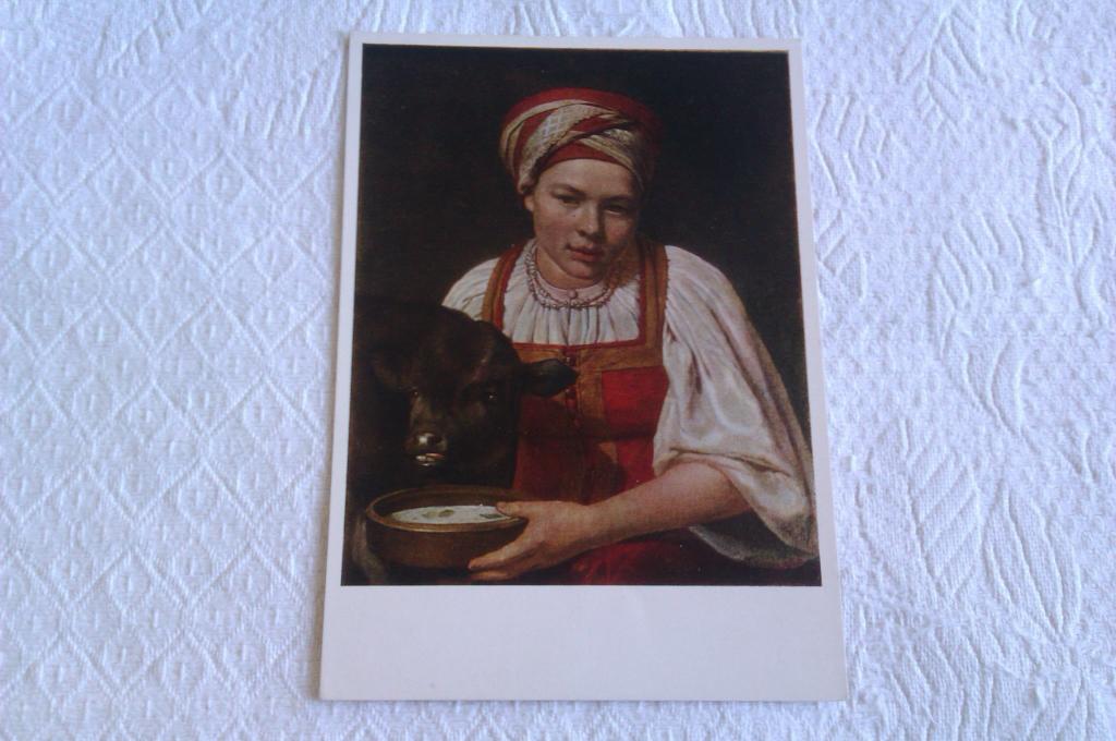 Открытка А. Г. Венецианов Крестьянская девушка с теленком, 1964г.