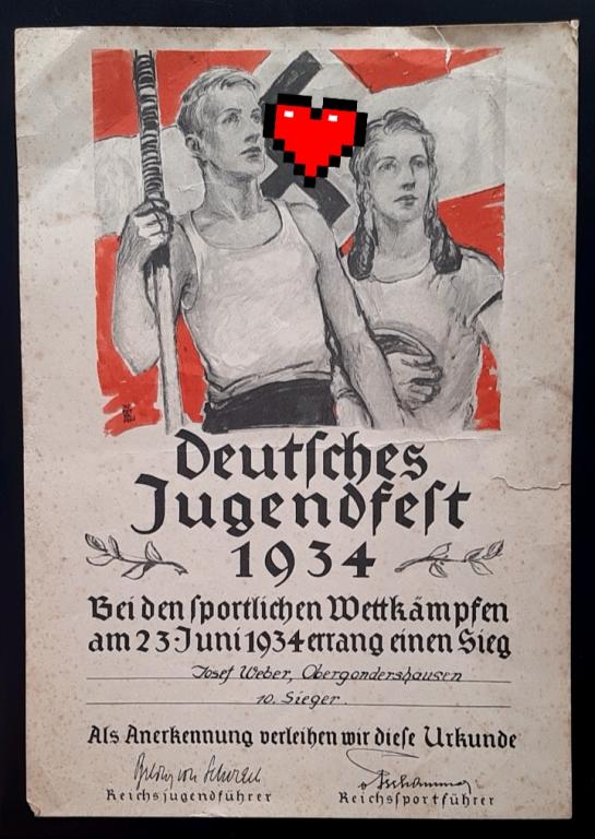 Грамота Гитлер Югенд. Гитлерюгенд. BDM. 1934