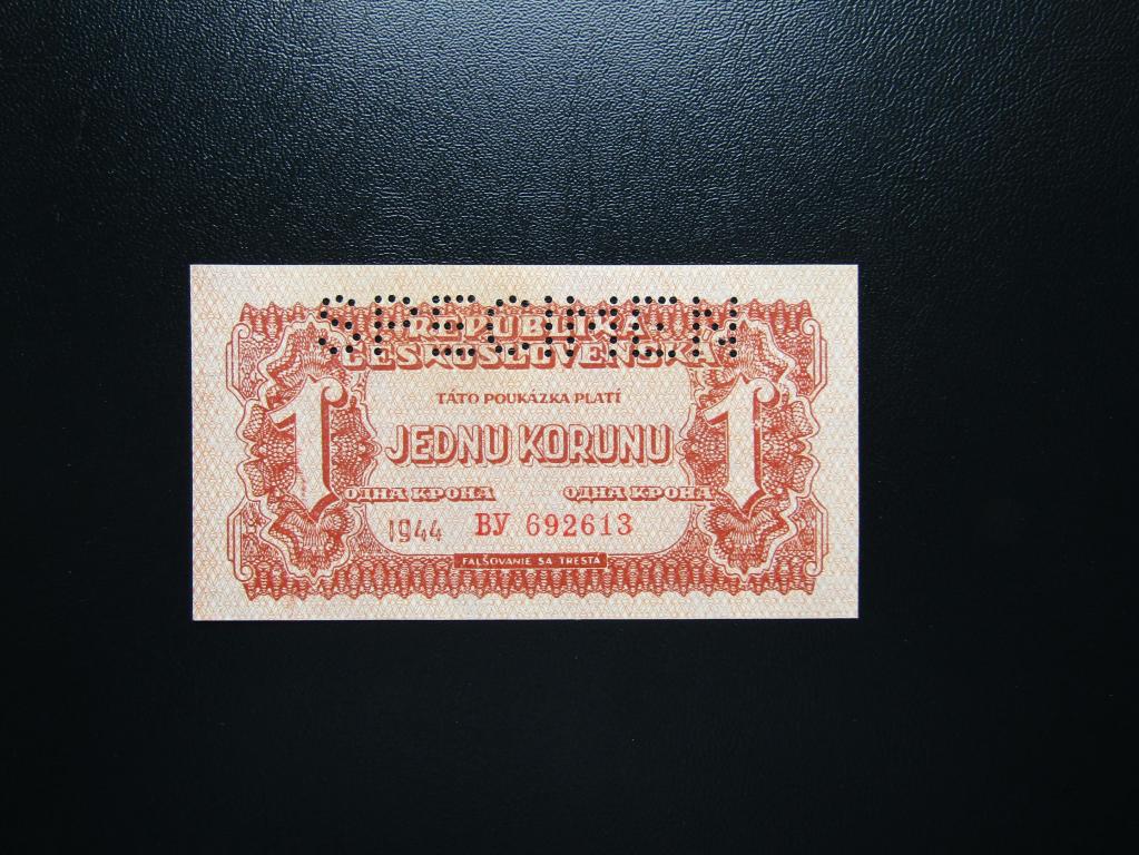 Чехословакия - 1 крона 1944г. аUNC. Советская военная администрация. Перфорация " SPECIMEN". Гознак.