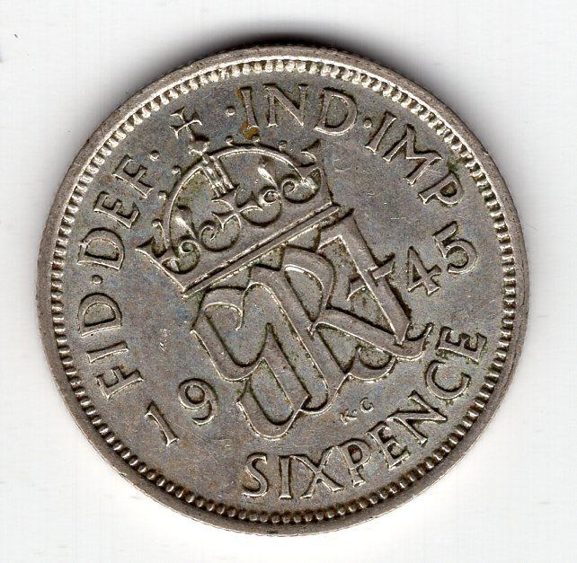 6 пенсов - Великобритания - 1945 - Георг VI - серебро 500 - KM#852