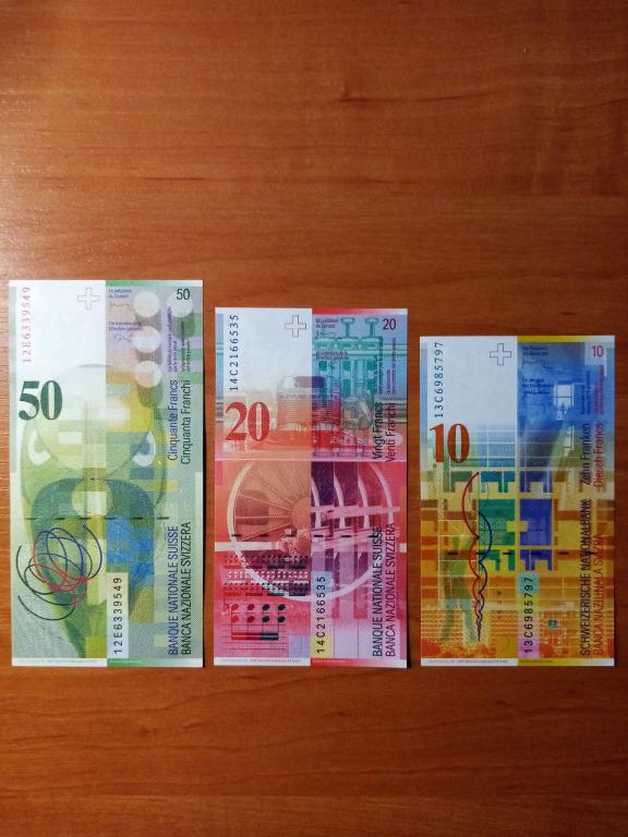 Набор Швейцария швейцарские франки 50, 20, 10 ПРЕСС UNC 2012-2014 гг.