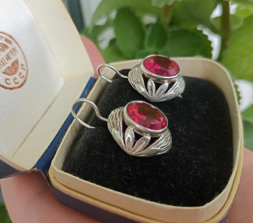 Крупные Серьги СССР Якутские Ювелиры Серебро 875 Рубин