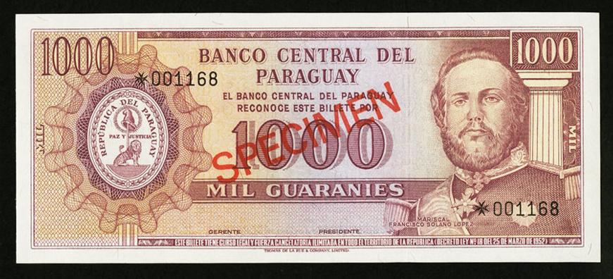 ПАРАГВАЙ, 1979, 1000 GUARANIES [SPECIMEN (ОБРАЗЕЦ)] [THOMAS DE LA RUE] [FRANKLIN MINT] [UNC]​