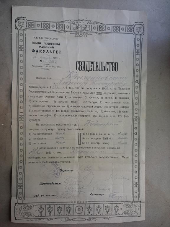 СВИДЕТЕЛЬСТВО ПОСЛЕ ОКОНЧАНИЯ ТУЛЬСКОГО ГОСРАБФАКА НКТП ТРЕСТ РУЖ 1933