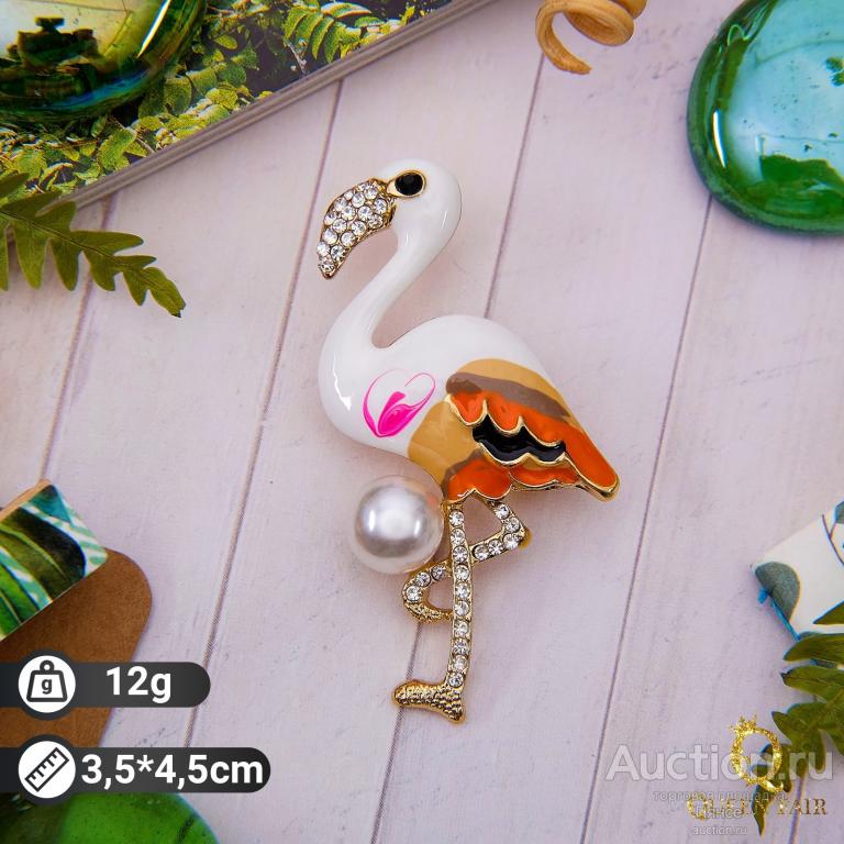 Брошь "Фламинго" с бусиной, цветной. Новая.