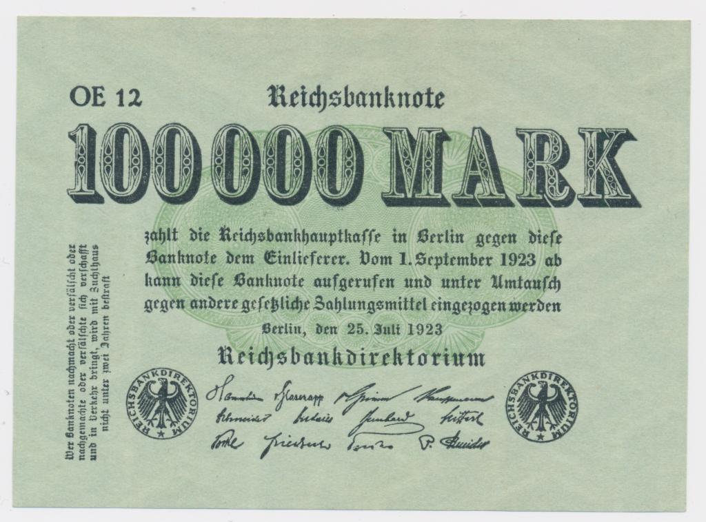 Германия 100,000 марок 25.07.1923 UNC зеленая бумага