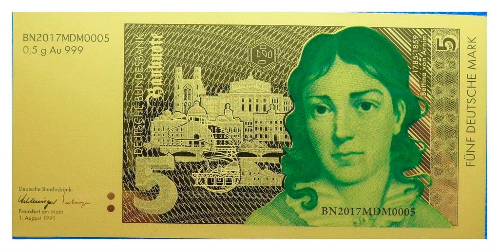 5 МАРОК Германия 2017 ЗОЛОТО*999 цветная БАНКНОТА 43х90 мм сертификат РАРИТЕТ
