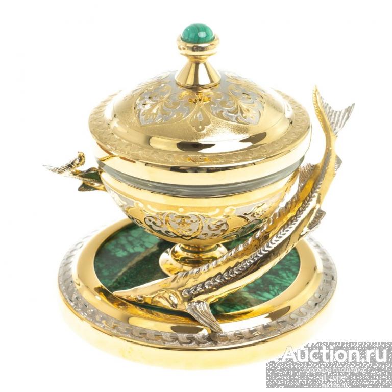 Икорница ДВЕ СТЕРЛЯДКИ со вставками  из малахита AZY-123278