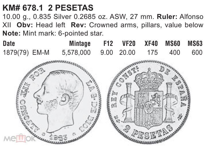 2 песеты - Испания - 1879 - Альфонсо XII - серебро 835 - KM#678.1