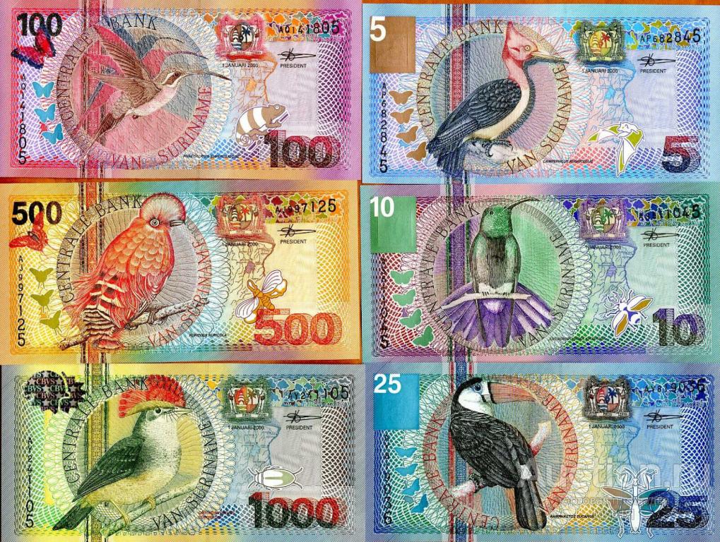 СУРИНАМ 5-10-25-100-500-1000 гульденов 2000 год.UNC