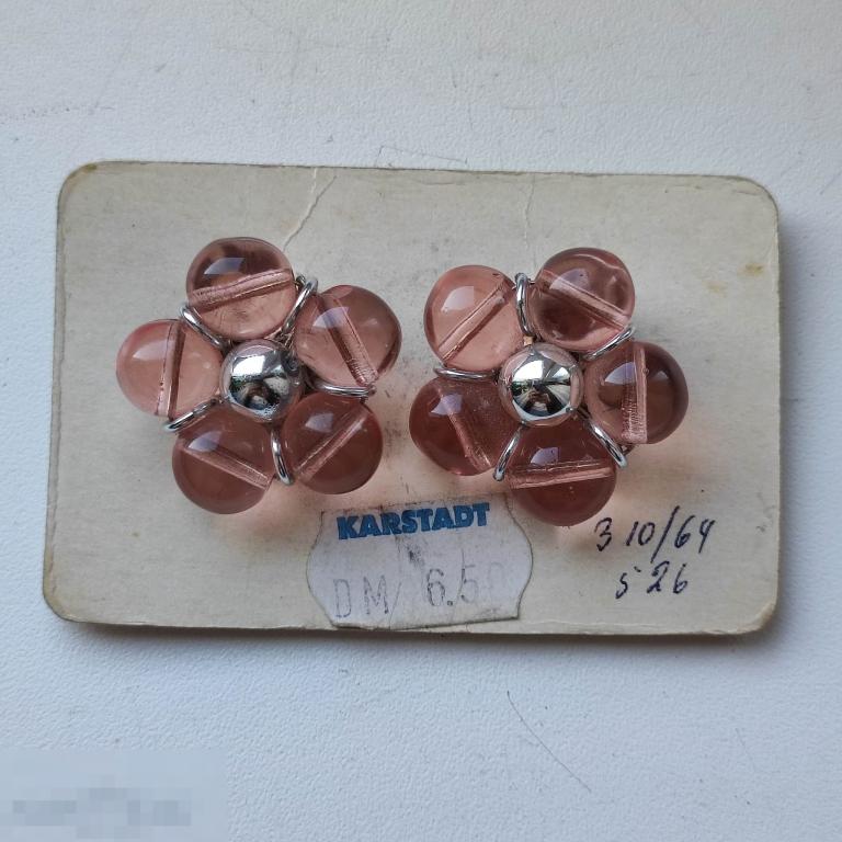 КЛИПСЫ  ВИНТАЖНЫЕ   W. GERMANY   ГЕРМАНИЯ  СТЕКЛО  СЕРЬГИ  ЦВЕТОК  ВРЕМЁН СССР  СОВЕТСКИЕ  НОВЫЕ 