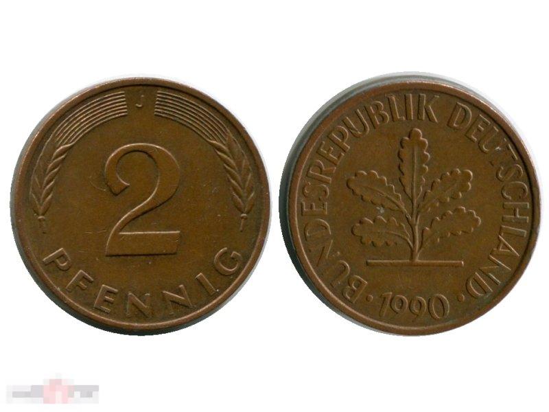 2 пфеннига Германии 1990 г. (J) 