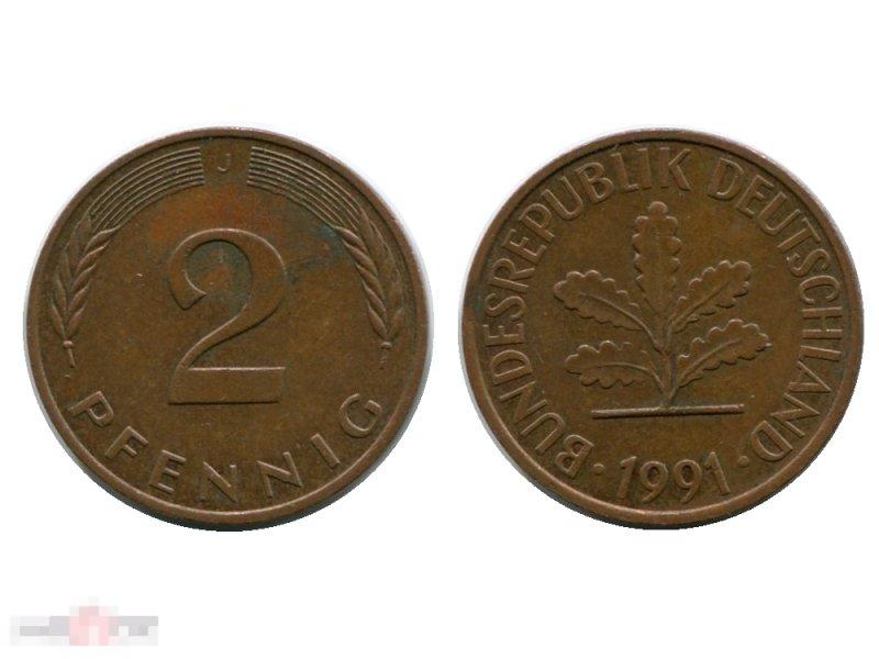 2 пфеннига Германии 1991 г. (J) 