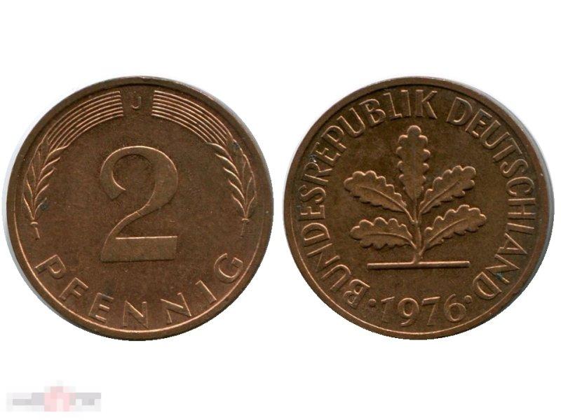 2 пфеннига Германии 1976 г. (J) 