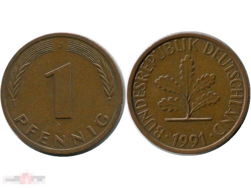 1 пфенниг Германии 1991 г. (J) 