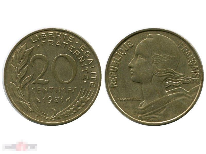 20 сантимов Франции 1981 г. 