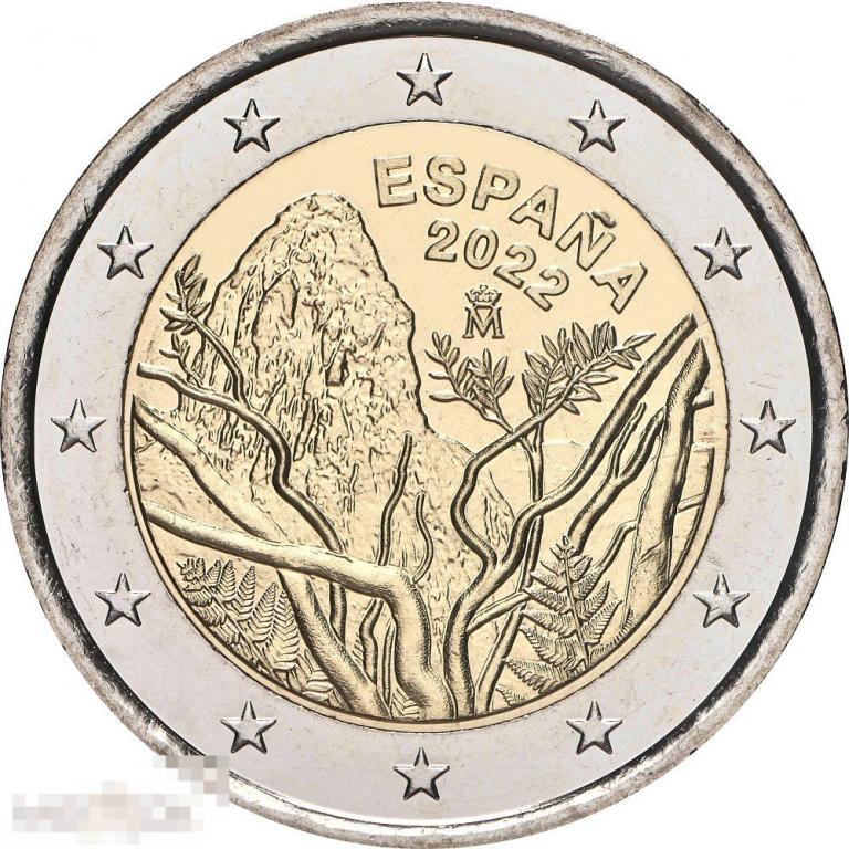 2 евро 2022, ЮНЕСКО - Национальный парк Гарахонай, Испания, UNC из ролла 