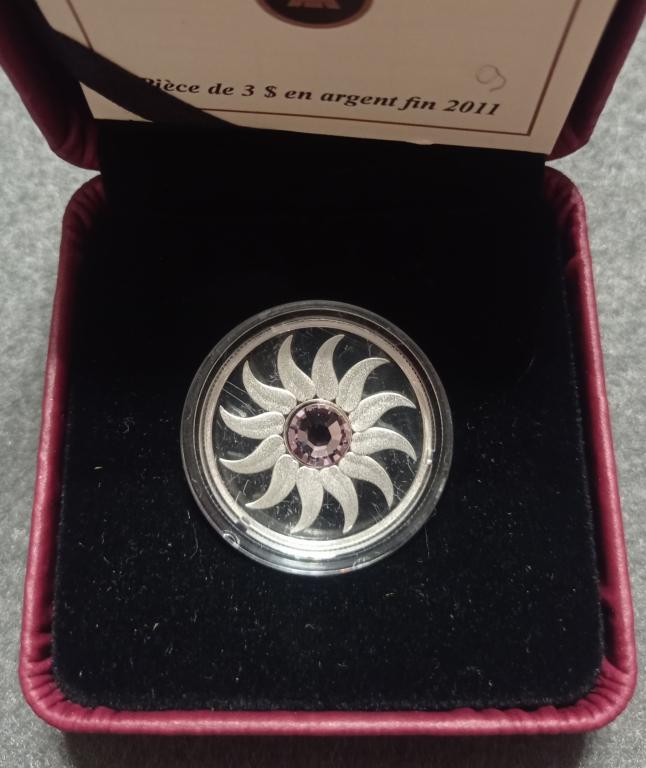 Канада 3 доллара 2011 г. Камни рождения. Июнь. Коробка. Сертификат. СЕРЕБРО