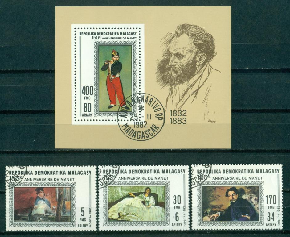 Марки. Мадагаскар 1982.  РАСПРОДАЖА. Живопись.  Художник Мане.  Серия + Блок.  Гашёная.