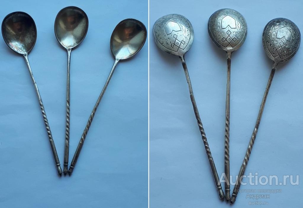 Российская Империя ложки чайные 3 шт., серебро 84 проба, 1887 г., чернение.