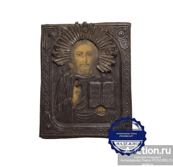 СТАРИННАЯ ИКОНА 19-ГО ВЕКА «ГОСПОДЬ ВСЕДЕРЖИТЕЛЬ», ОКЛАД, РОССИЯ