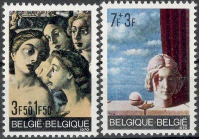 Бельгия, 1970, № 1618,1619, € 1, MNH, полн., живопись, солидарность: Сюрреалистические картины