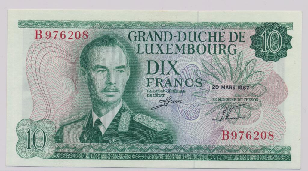 Люксембург 10 франков 1967 UNC