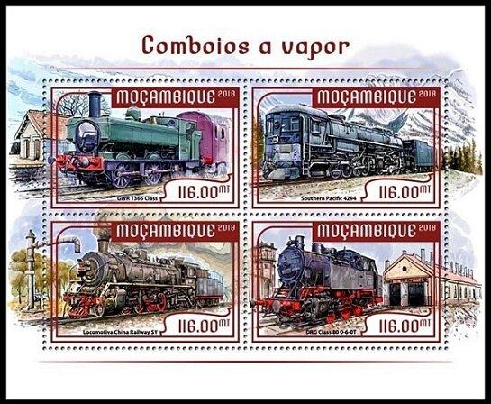 Мозамбик 2018 г.  Паровозы. локомотивы.** Mi MZ 9404-9407KB    Чист., ЧБН