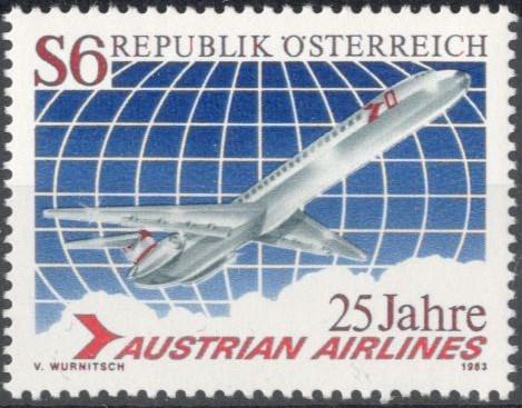 Австрия, 1983, № 1734, € 0,9, MNH, полн., самолеты, 25-летие Austrian Airlines.