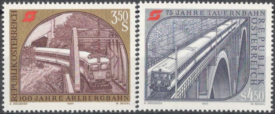 Австрия, 1984, № 1785,1786, € 1,8, MNH, полн., юбилеи железных дорог Австрии